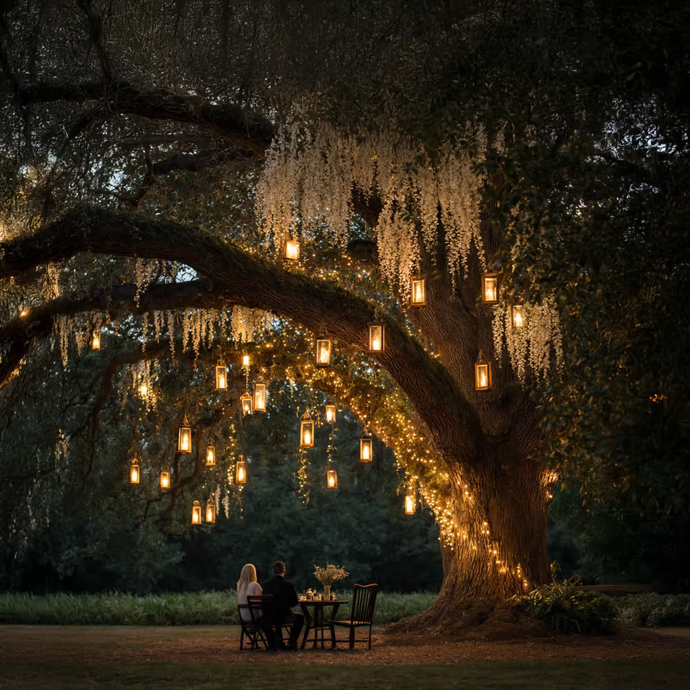 The great oak hung with glowing lanterns